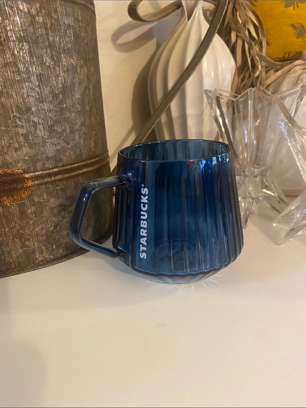 NWT Starbucks 2026 Transparent Blue Ribbed 16 oz Glass Mug